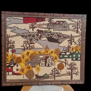 Vintage finished needlepoint picture Village Early Year